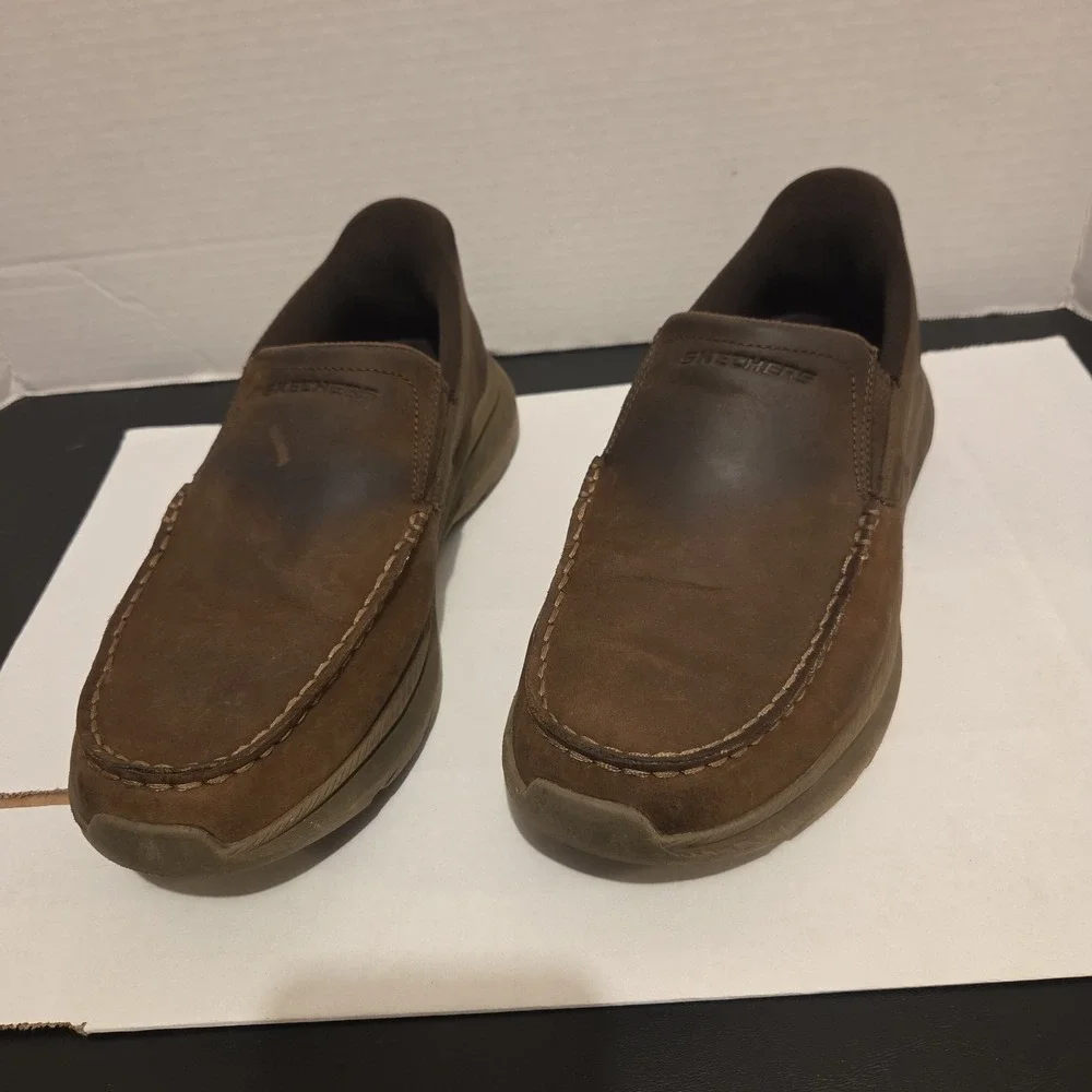 Skechers Pollard-Osgood Brown Leather Memory Slip-ins Loafer Shoes Men's Sz 8.5